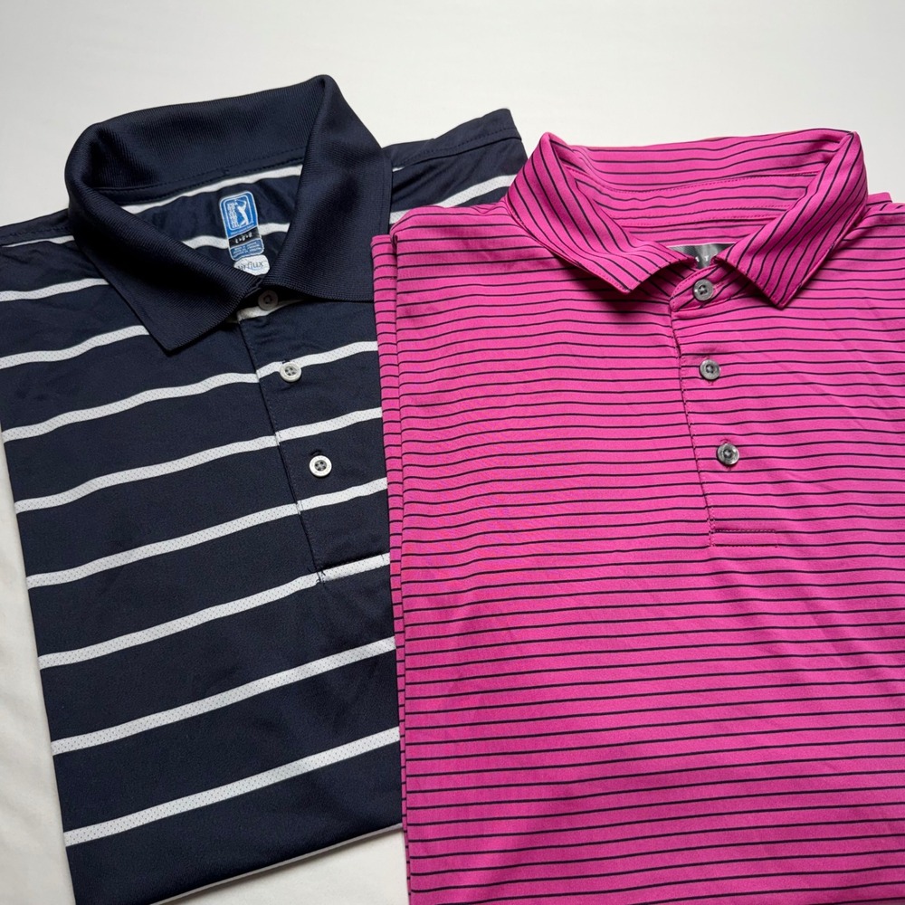 PGA Tour Mens Polo Shirt Lot of 2 Large Navy White Pink Striped Airflux Golf